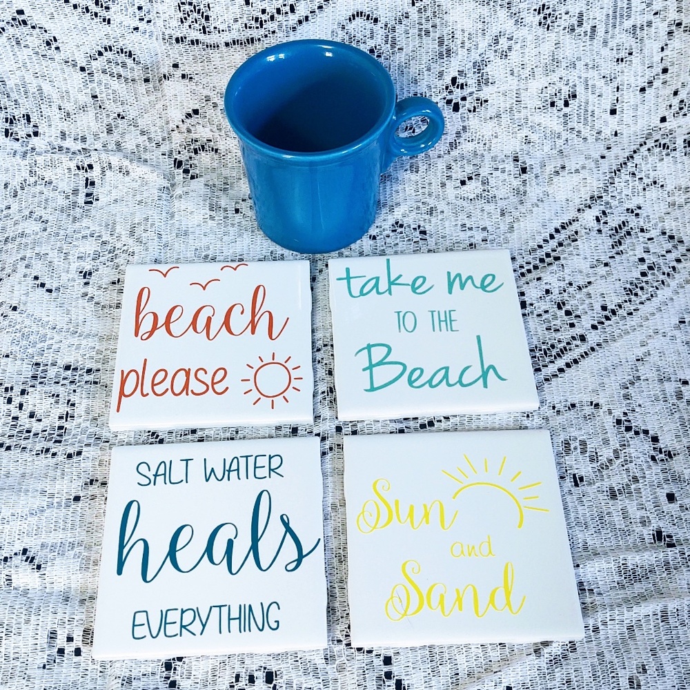 Set of 4 Ceramic Beach Quotes/Theme Coasters
